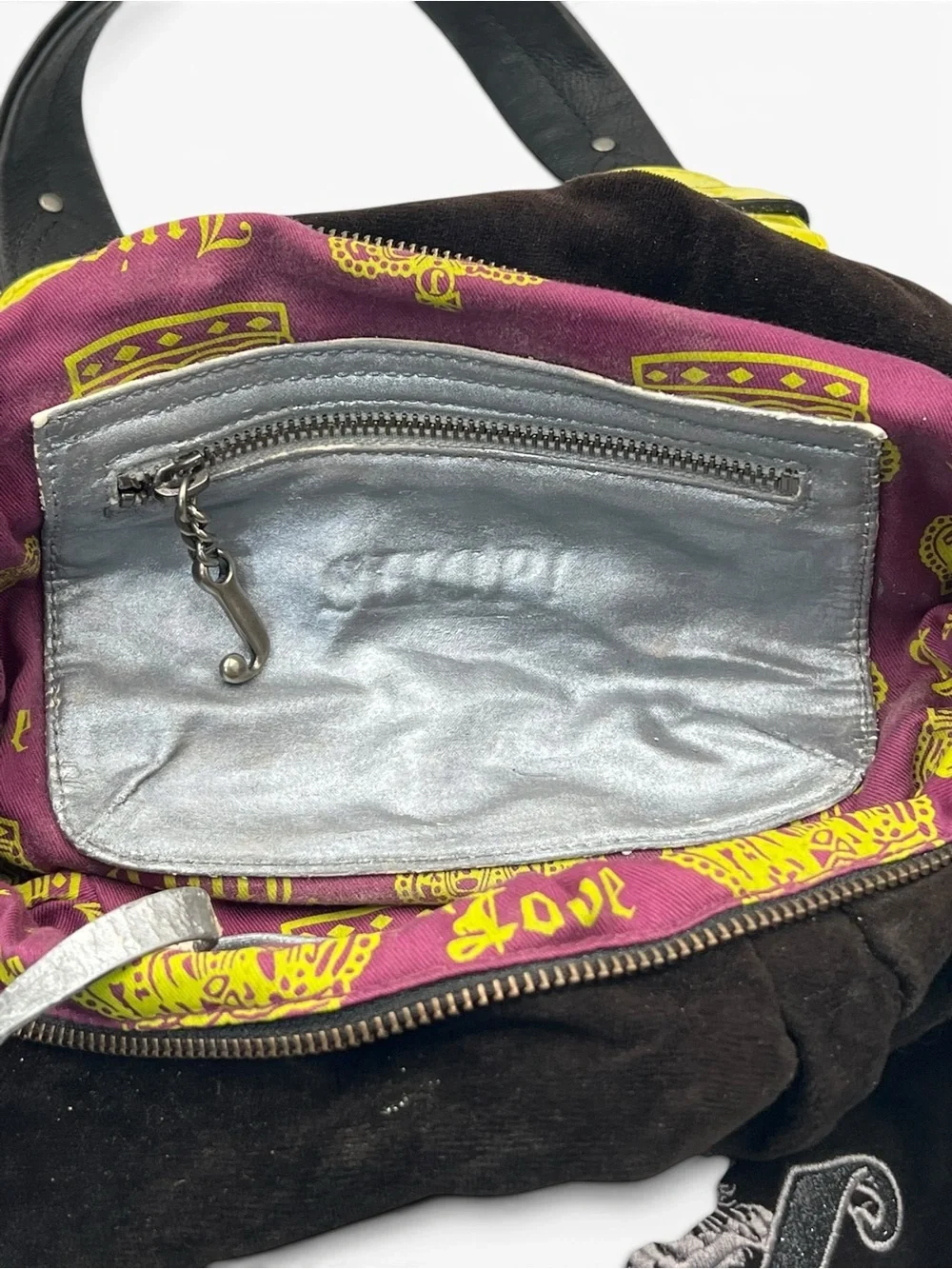 Vintage Y2K Juicy Couture Black Velour Hobo Bag Neon Yellow Scottie Crown Logo
